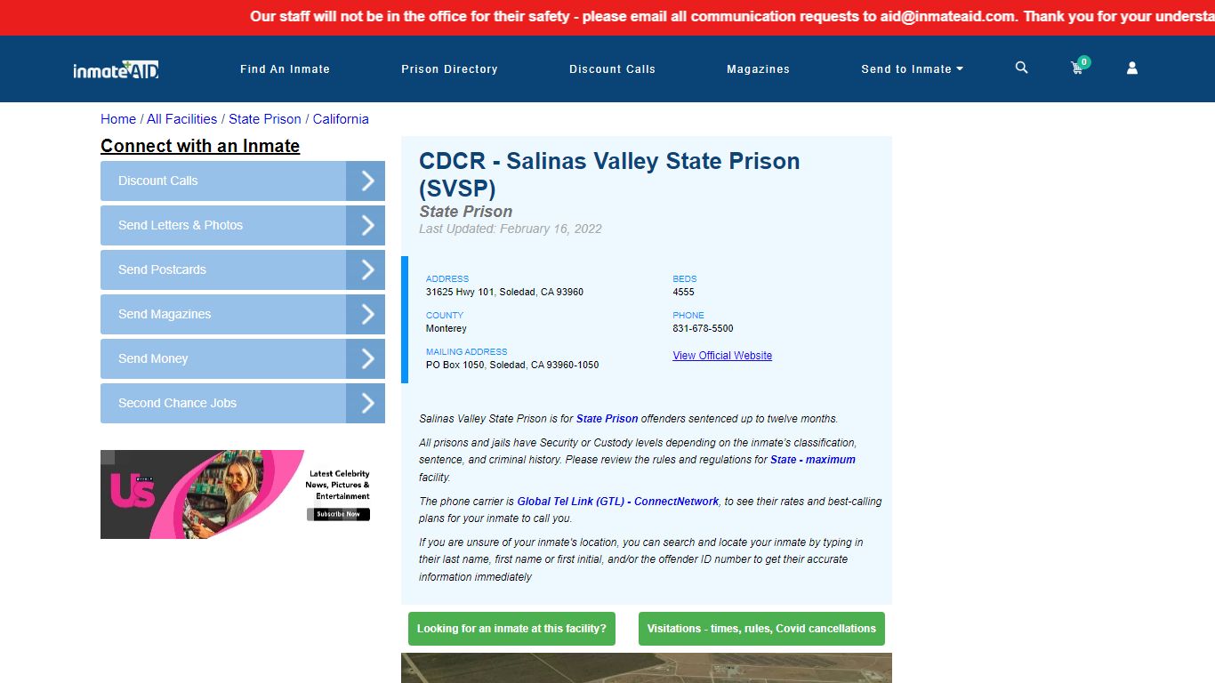 CDCR - Salinas Valley State Prison (SVSP) & Inmate Search ...