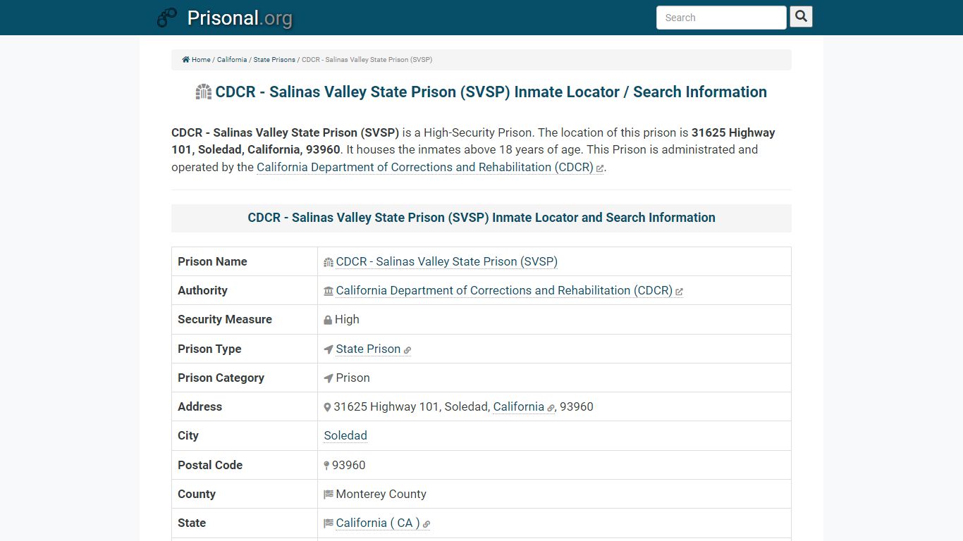 CDCR - Salinas Valley State Prison (SVSP)-Inmate Locator ...